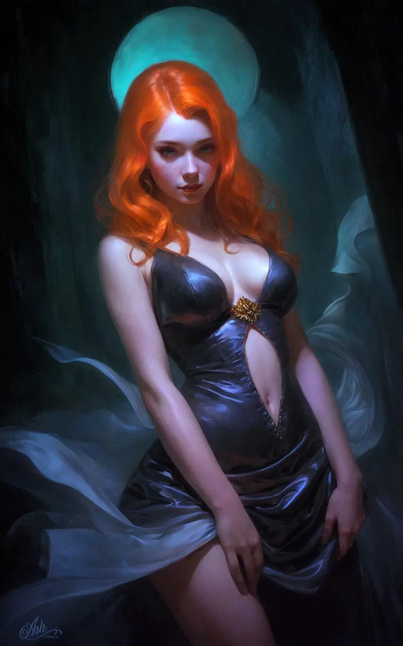 A digitally rendered image of a woman with fiery orange hair and pale skin, wearing a shiny black dress with a gold brooch…