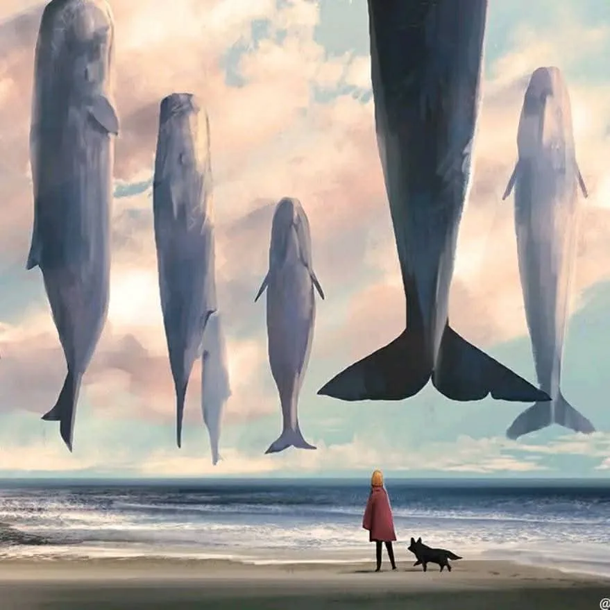 A small figure in a red coat and a black dog stand on a beach, looking up at five giant whales floating in the sky above the…