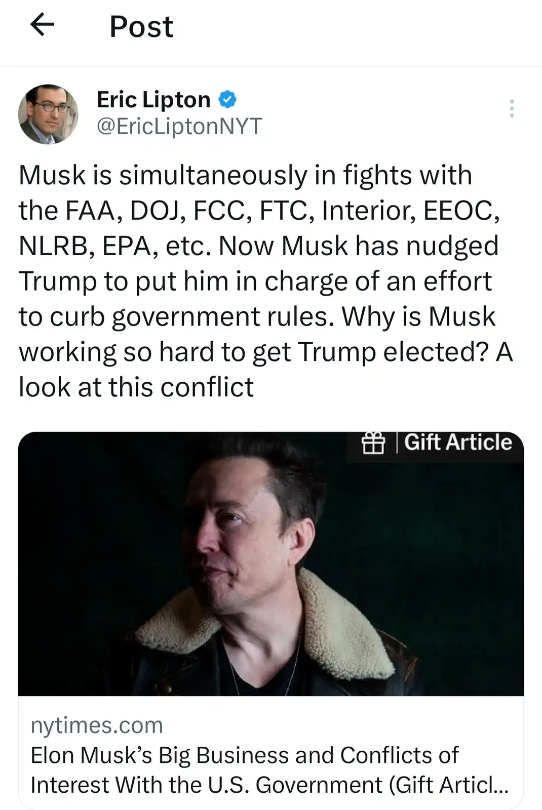 A screenshot of a tweet by Eric Lipton from the NYT, featuring a photo of Elon Musk looking pensive in a shearling-lined…