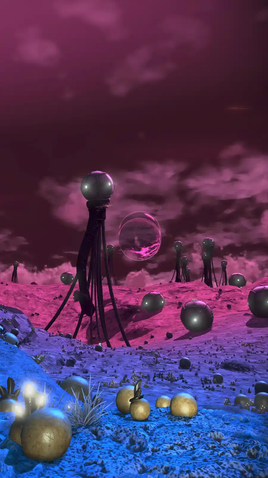 A surreal, alien landscape with a pink sky and purple terrain features tall, black, tripod-like creatures with glowing eyes…