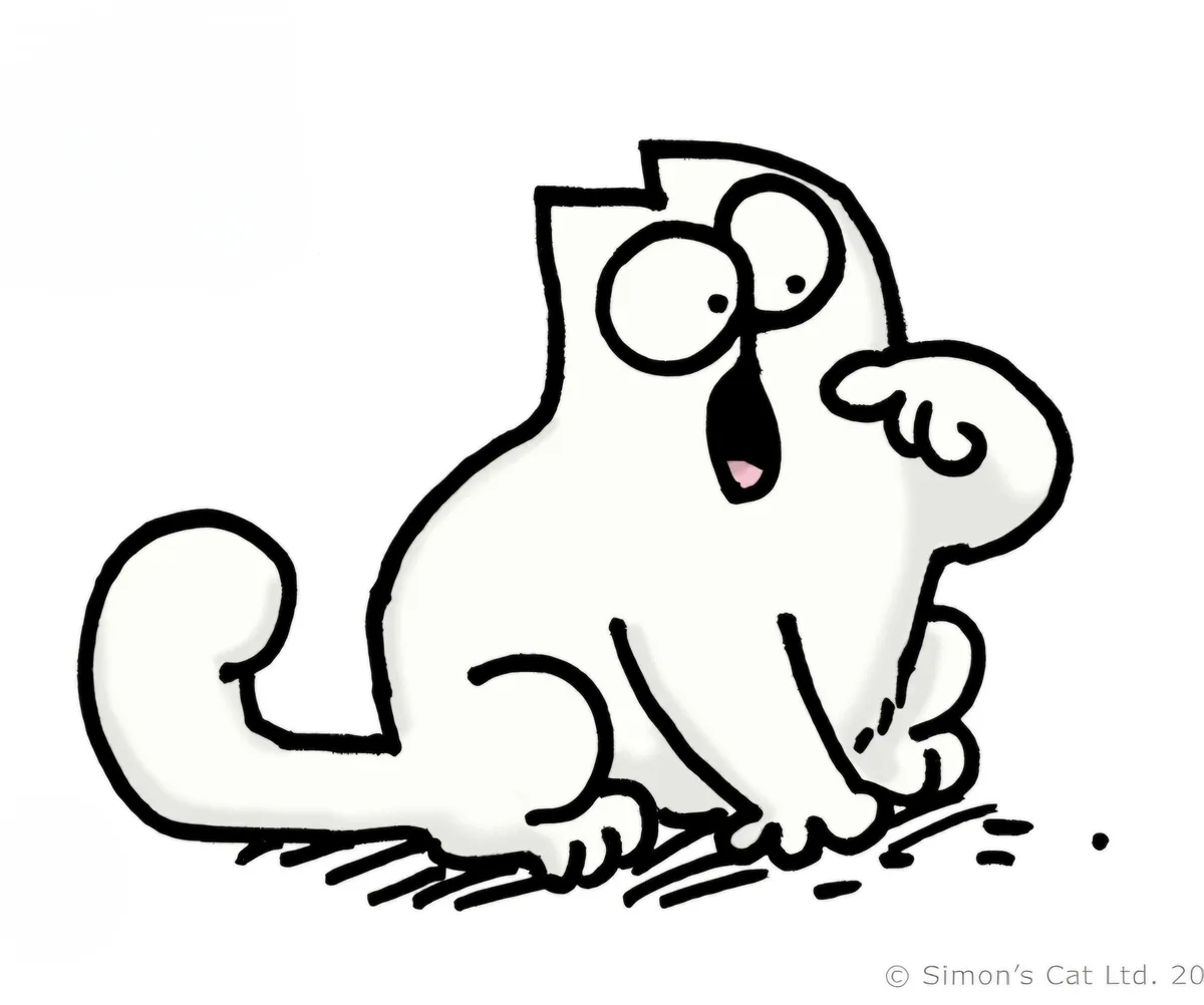 A cartoon cat with wide, shocked eyes and an open mouth, sitting on the ground with one paw raised in surprise. The text 'oh…