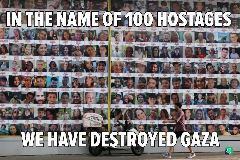 A large wall covered with hundreds of individual photos of people, likely hostages, with bold white text overlaid at the top…