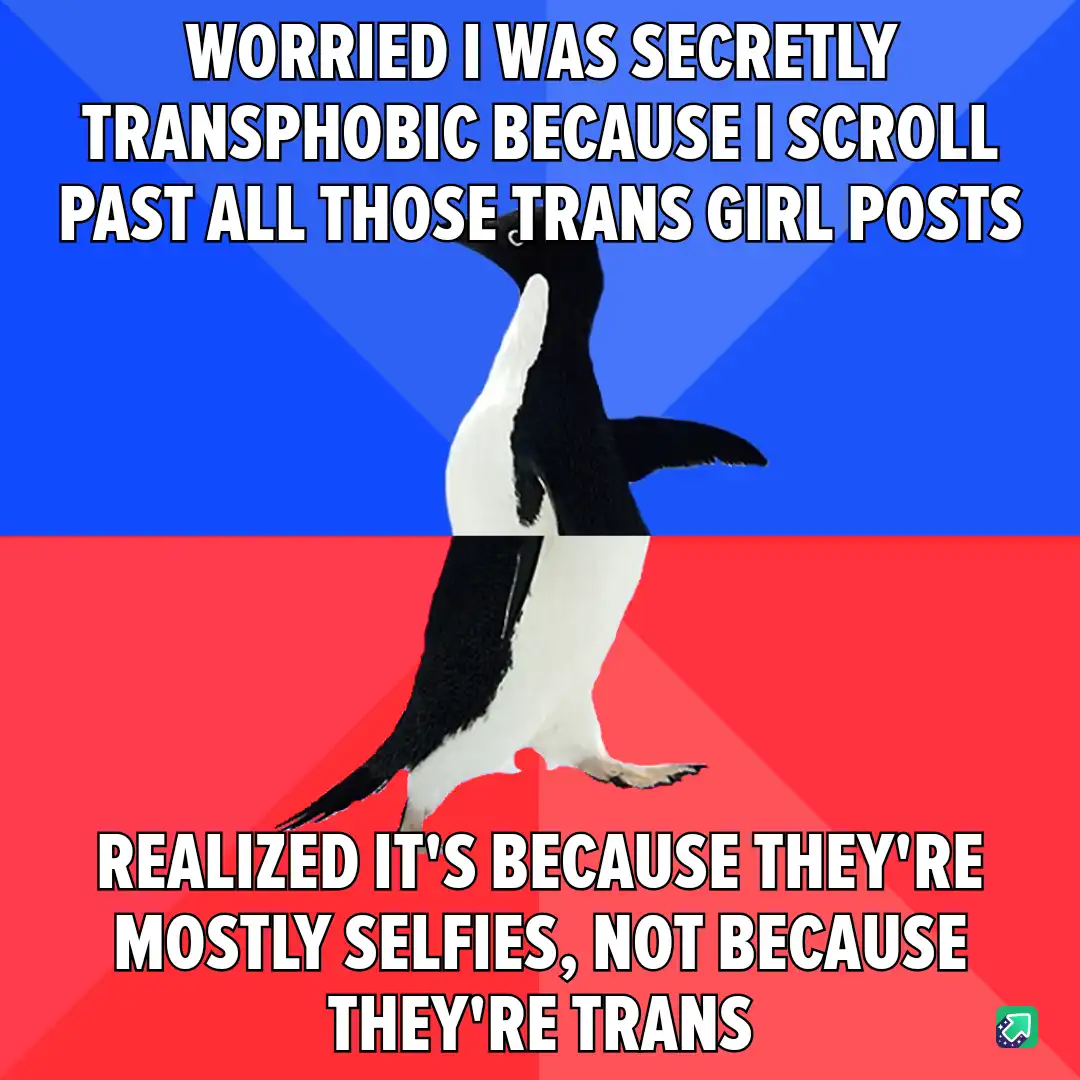 A penguin stands centered against a blue and red background, with white bold text overlaid in two sections. The top text…