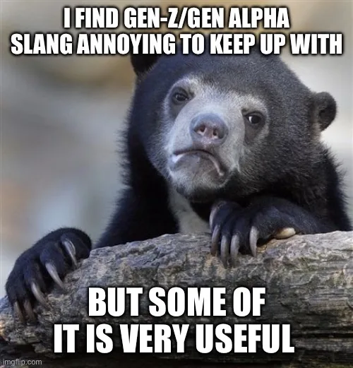 A black bear with a skeptical, slightly annoyed expression rests its paws on a log. White bold text overlaid on the image…