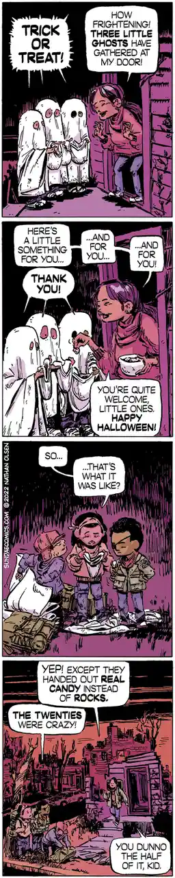 A comic strip depicts a woman welcoming three ghost children for trick-or-treating, handing them candy. Later, children…