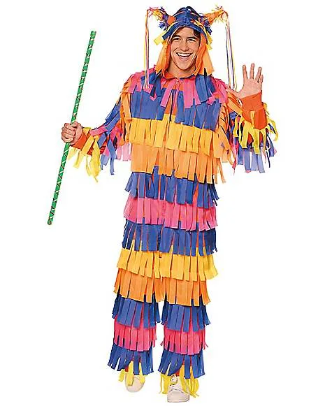 A person is wearing a full-body piñata costume made of colorful paper strips in pink, blue, and orange, with a matching…