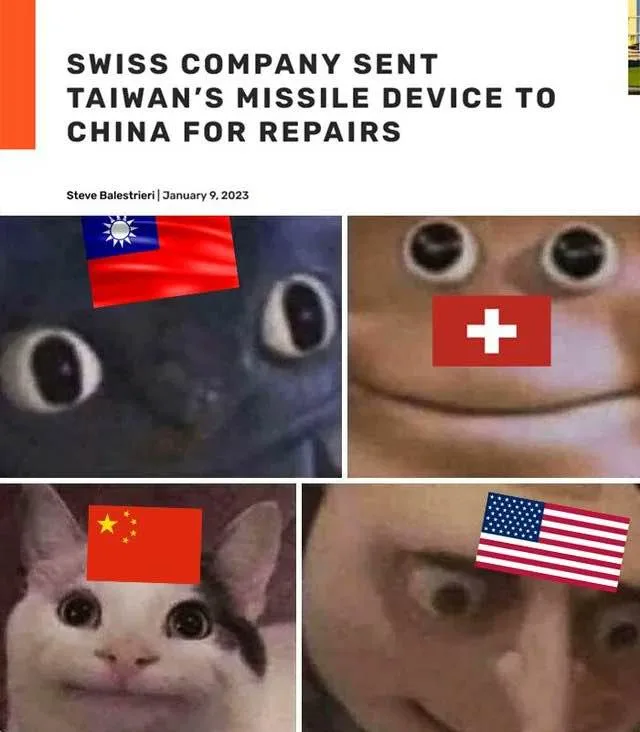 A four-panel meme uses close-up images of cats and a person's face, each with a national flag superimposed: a dark cat with…