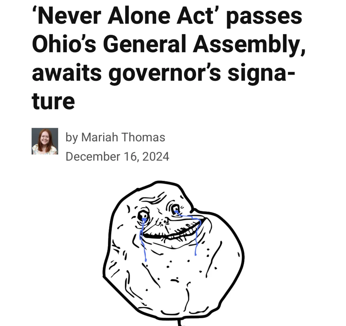 The image displays a news article headline about the 'Never Alone Act' passing in Ohio, overlaid with a cartoon drawing of…
