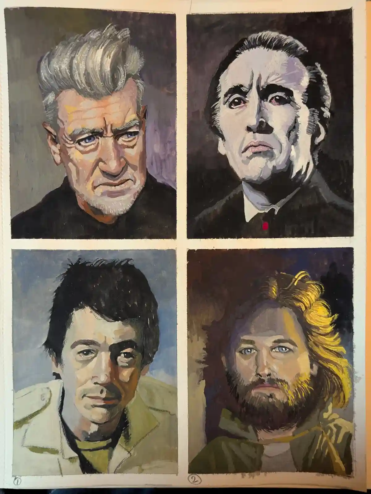 The image displays four distinct painted portraits arranged in a 2x2 grid. Each portrait depicts a different man with unique…