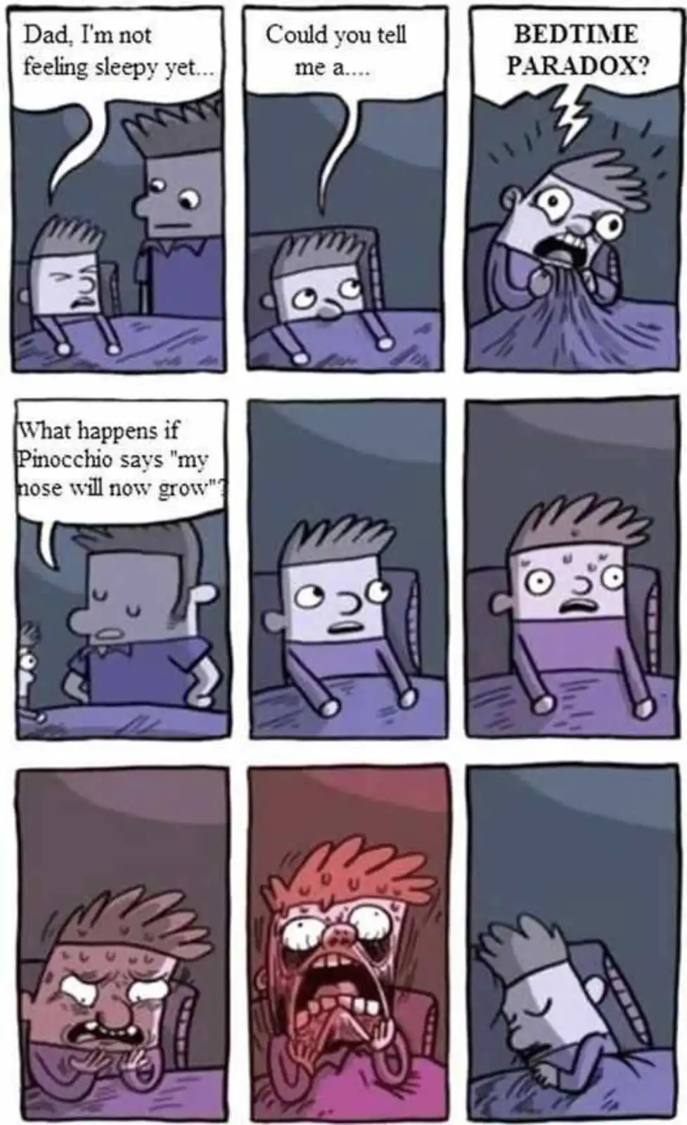A six-panel comic strip shows a child asking his dad for a bedtime story, escalating from a simple request to a paradox…