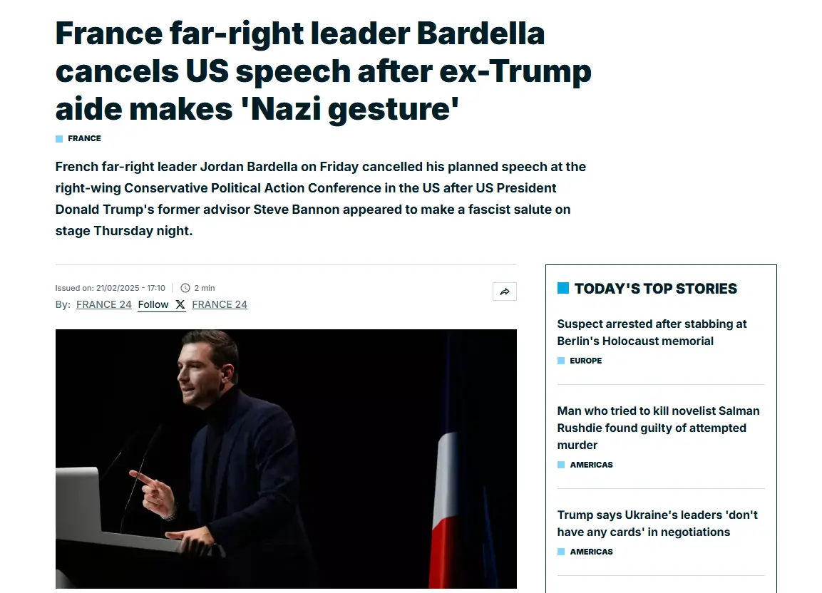 A screenshot of a France 24 news article headline about French far-right leader Jordan Bardella canceling a US speech after…