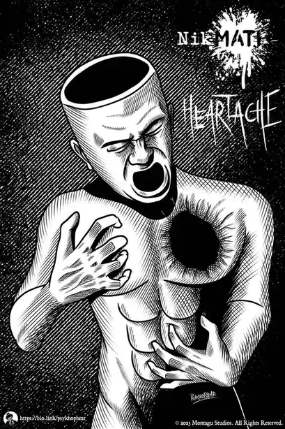 A black and white ink drawing depicts a man with a hollow head and a gaping hole where his heart should be, clutching his…