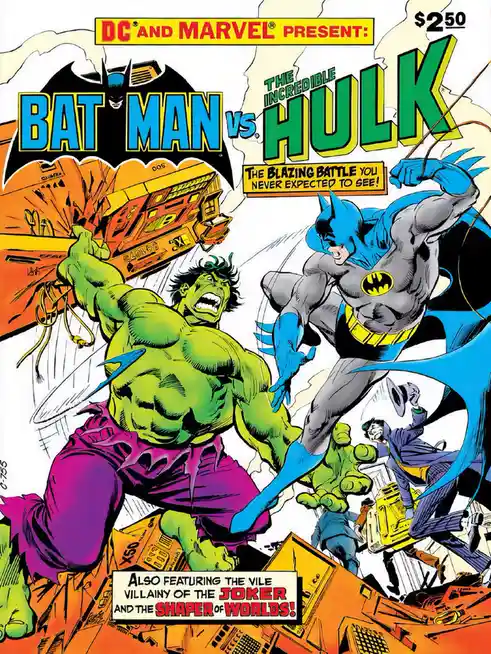 A comic book cover parody showing Batman and the Hulk in a dynamic battle, with the Hulk smashing through a building and…