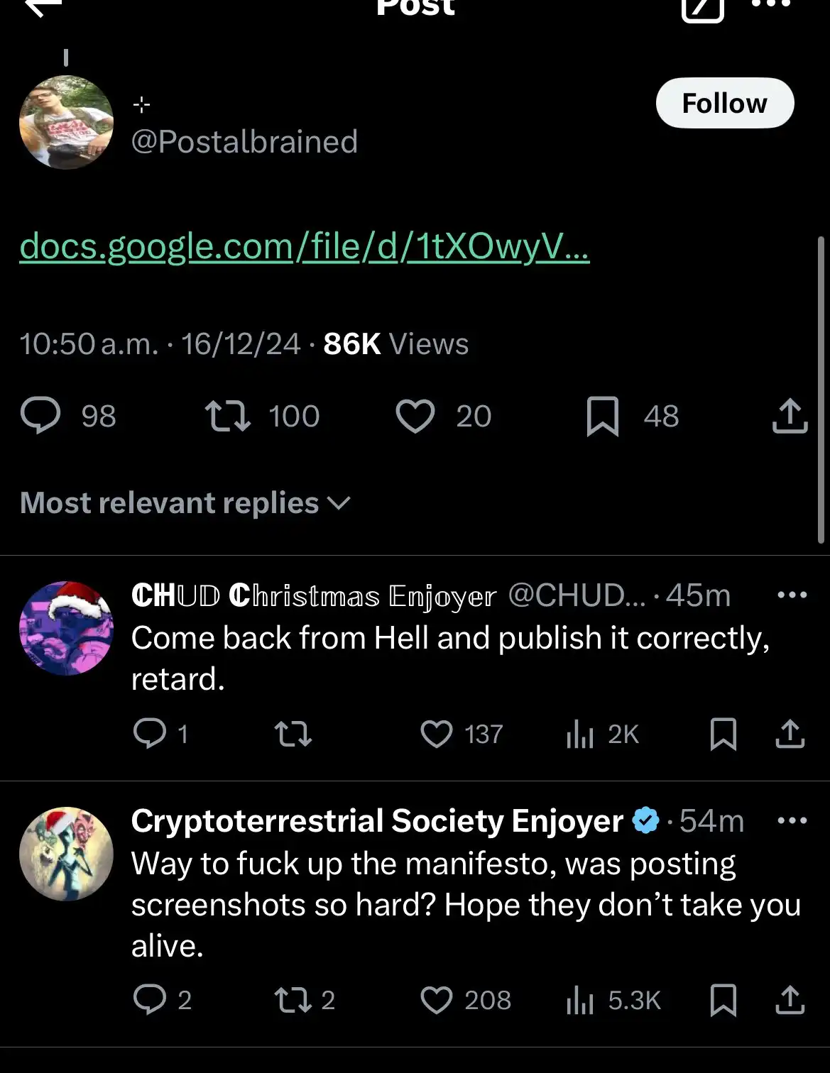 A screenshot of a social media post showing a user sharing a Google Docs link, followed by two replies. The first reply…