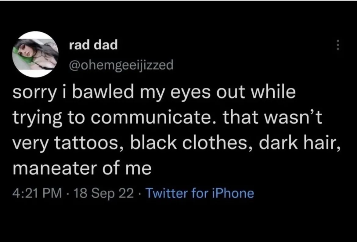 A screenshot of a Twitter post from user 'rad dad' (@ohemgeeijizzed) dated September 18, 2022, showing a tweet where the…