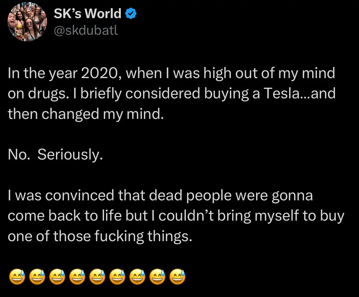 A screenshot of a tweet from 'SK's World' (@skdubatl) with white text on a black background. The tweet humorously recounts a…