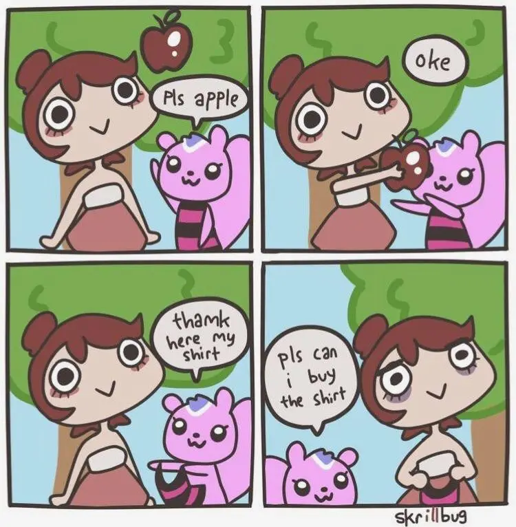 A four-panel comic strip featuring a girl and a pink creature under a tree. In the first panel, the girl asks for an apple…