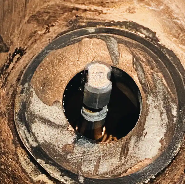 A close-up photo shows a heavily worn, dirty, and rusted coffee machine portafilter basket with a metal rod stuck inside…