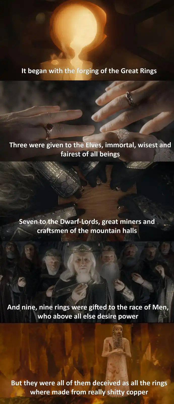 This meme is a five-panel image sequence from 'The Lord of the Rings' movie, showing the forging of the One Ring, close-ups…