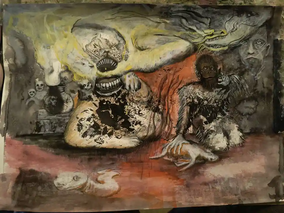 A watercolor painting depicts a chaotic, surreal scene with grotesque, monstrous figures including a large screaming…