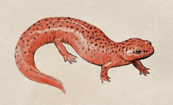 A detailed illustration of a red salamander with black spots, shown in profile against a beige background. The image has…