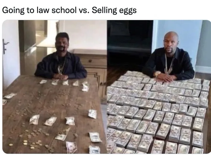 The image is a split-screen meme. On the left, a man sits at a wooden table with scattered cash and coins, representing…