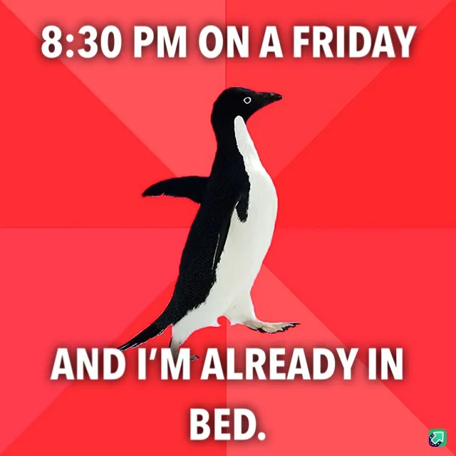 A black-and-white penguin stands against a red background with diagonal stripes. White bold text at the top reads '8:30 PM…