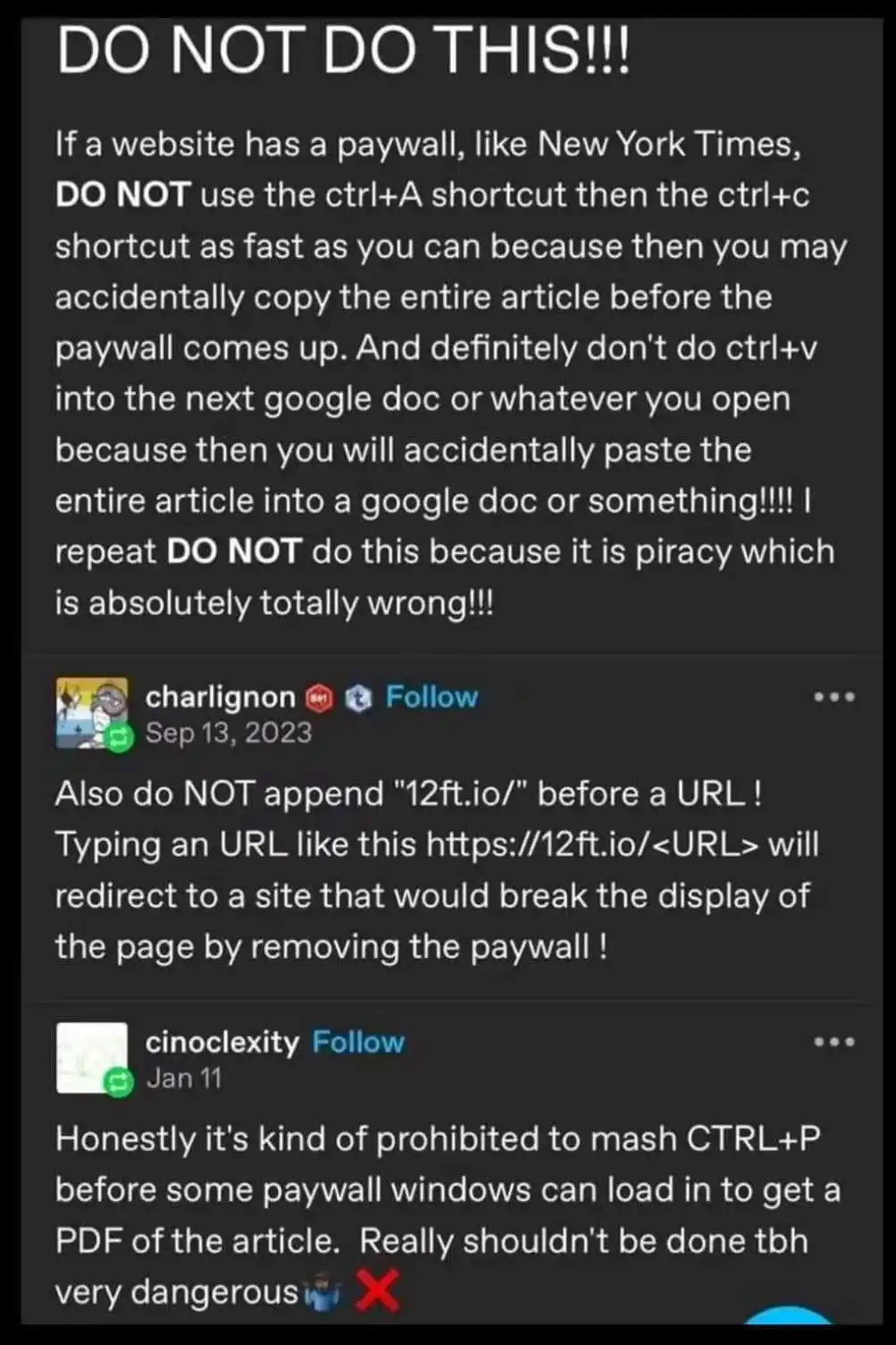 A screenshot of a social media thread warning users against various methods of bypassing paywalls on websites like the New…