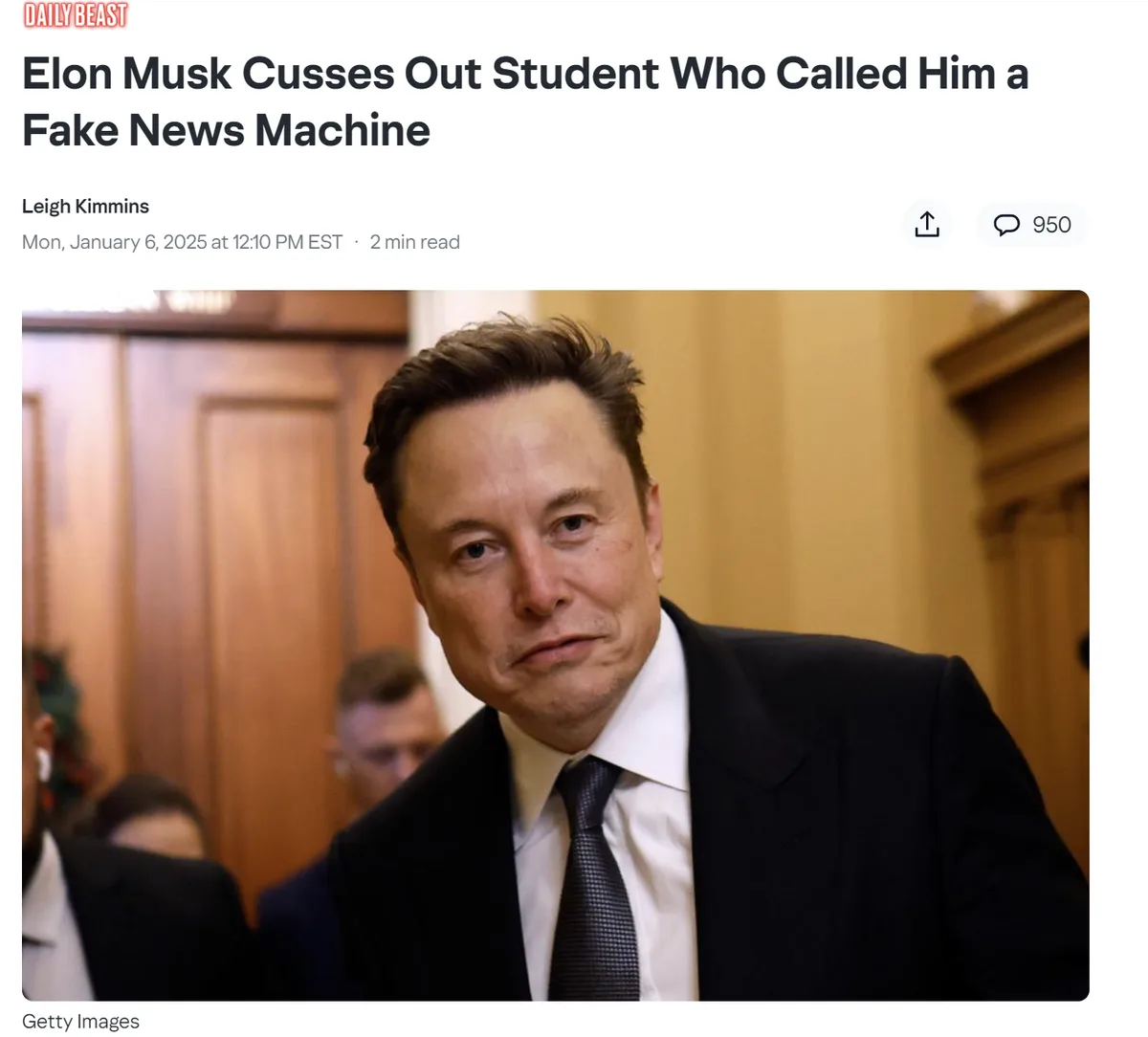 A screenshot of a Daily Beast article header showing a photo of Elon Musk in a suit with a stern, unimpressed expression…