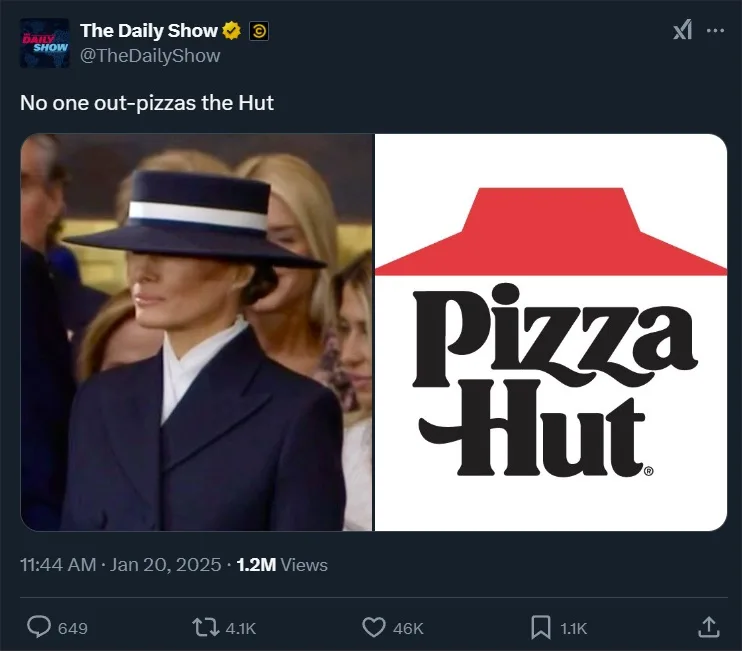 The image is a split-screen Twitter post from The Daily Show. On the left, a woman in a dark blue suit and matching hat with…