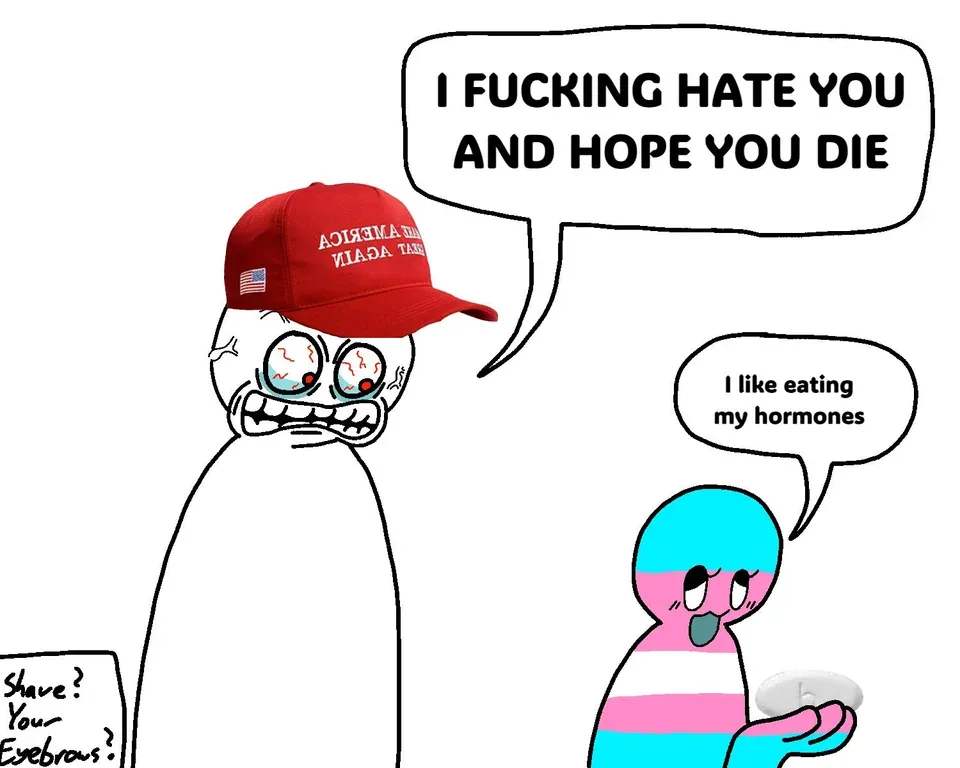 A cartoon drawing shows a white, angry-looking figure wearing a red 'MAKE AMERICA GREAT AGAIN' cap yelling 'I FUCKING HATE…