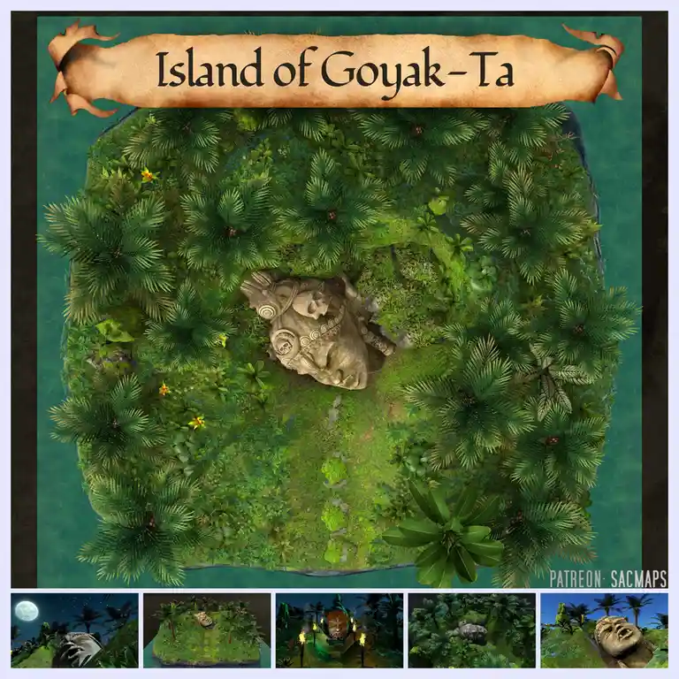 An overhead view of a lush, jungle-covered island with a large, ancient stone head sculpture embedded in the center. A…