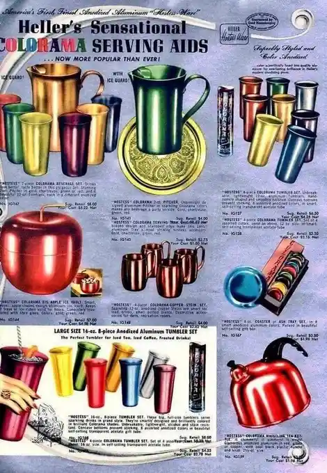A vintage 1950s advertisement page for Heller's 'Colorama' serving aids, showcasing a variety of anodized aluminum products…