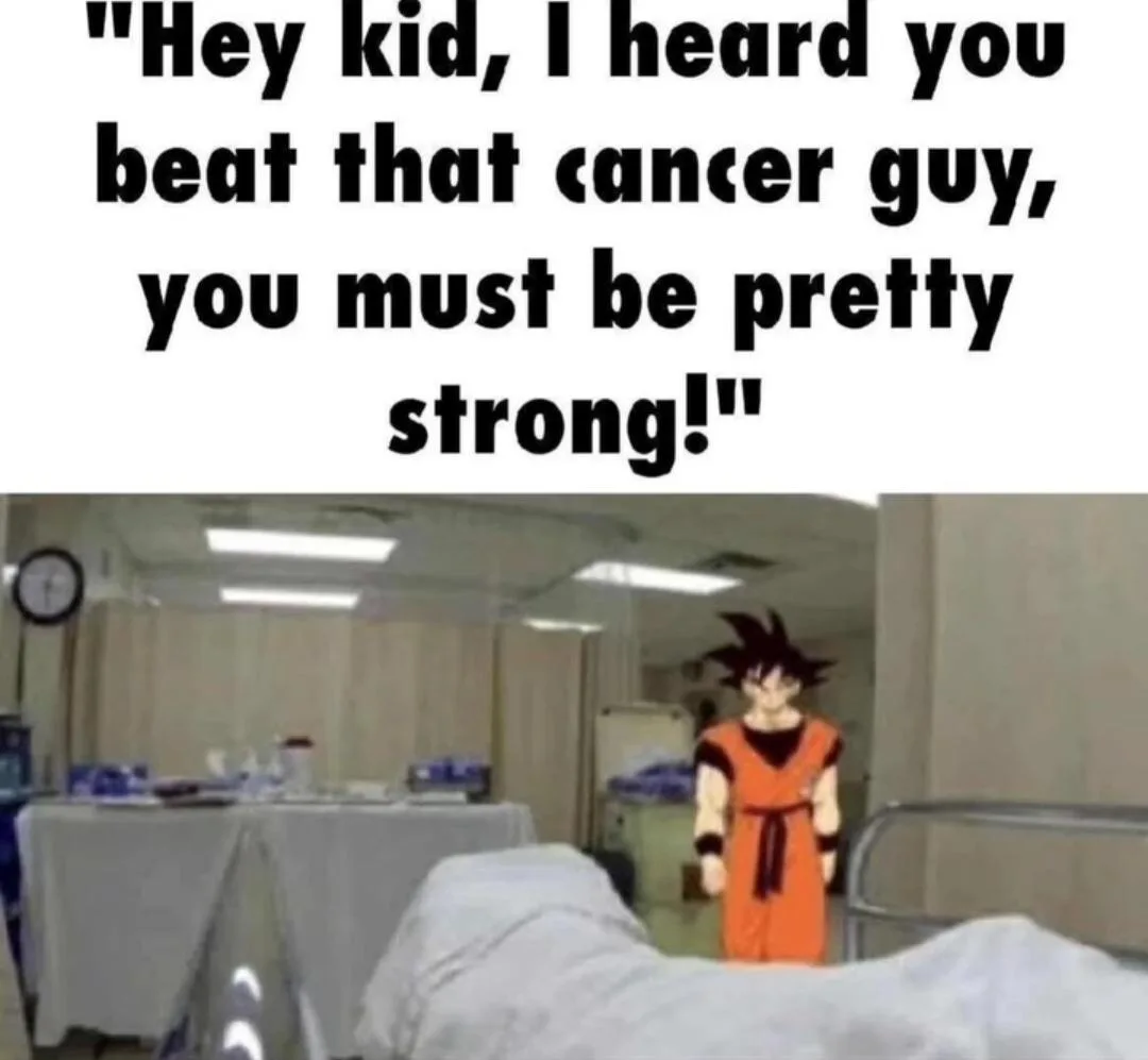 An anime character, Goku from Dragon Ball, stands in a hospital room next to a hospital bed. The image has large black text…