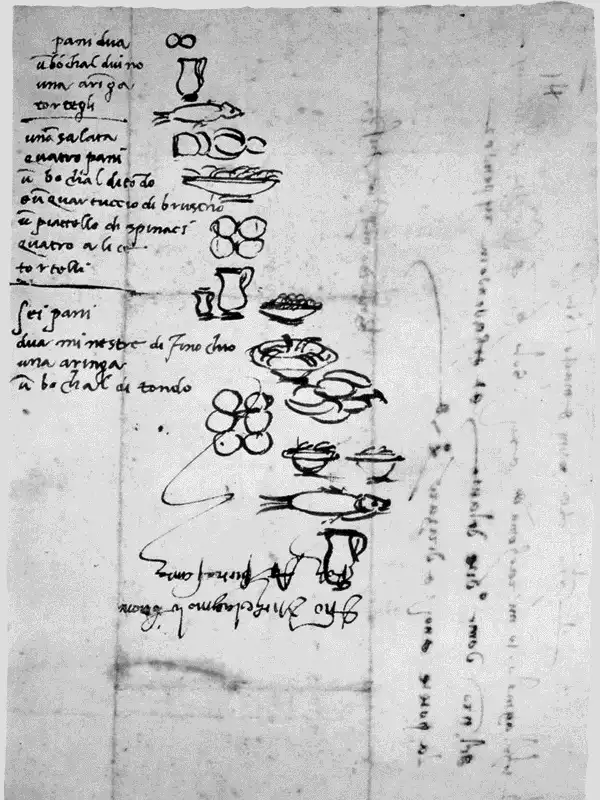 An old handwritten document with sketches of food items like fish, bread, and bowls, accompanied by Italian text listing…