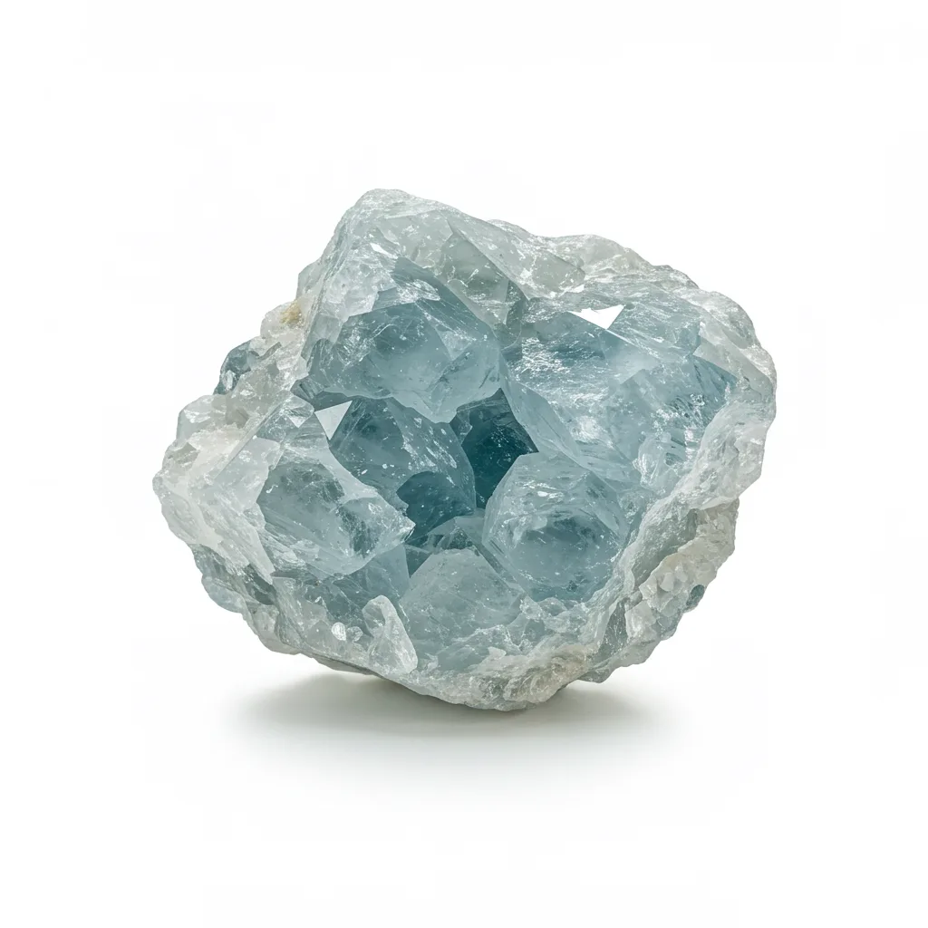 A close-up photograph of a light blue, translucent mineral specimen with jagged, crystalline facets against a plain white…