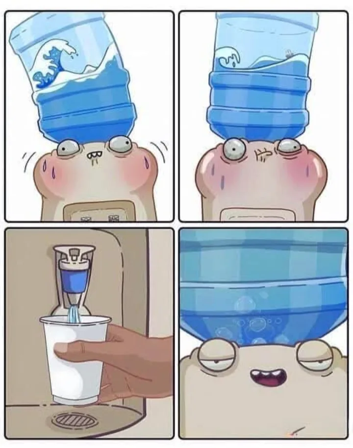 A four-panel cartoon depicts a beige, frog-like character with a water bottle balanced on its head. In the first panel, the…