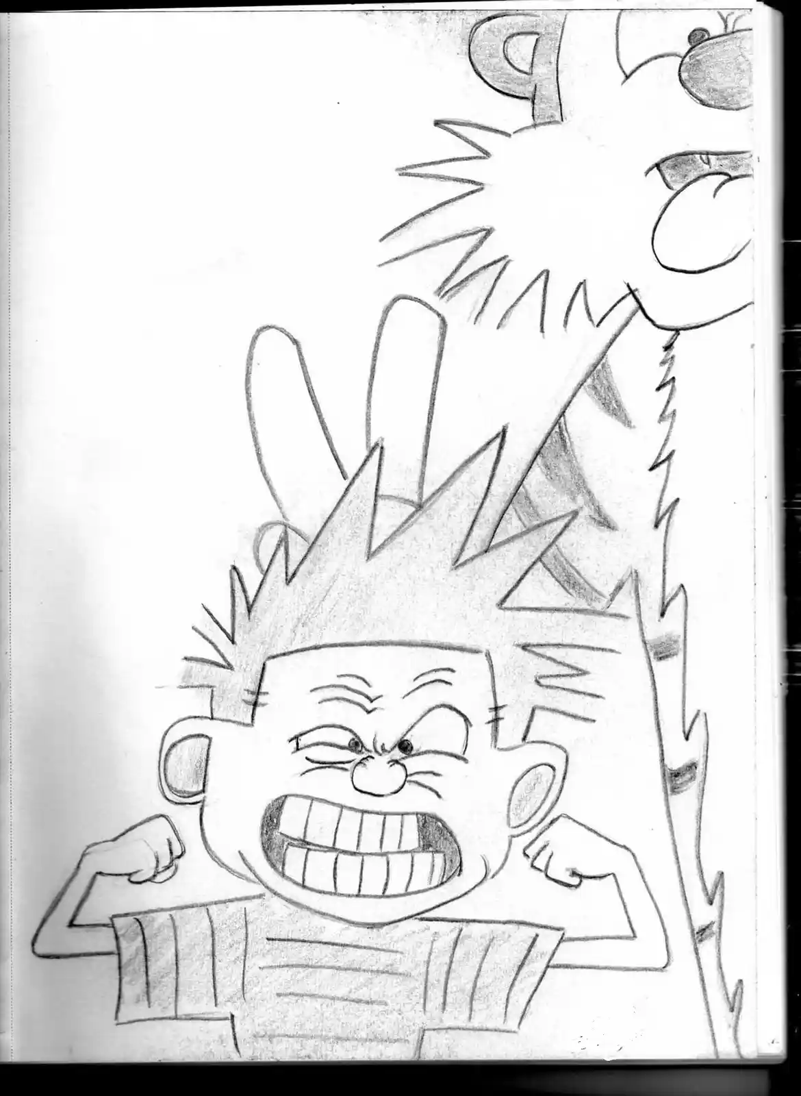 A pencil sketch shows a cartoon boy with spiky hair, clenched fists, and an angry, screaming expression as a large fist…
