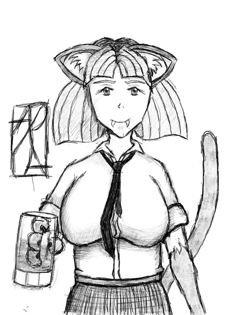 A black-and-white sketch of an anime-style catgirl with ears, a tail, and fangs, wearing a collared shirt and tie, holding a…