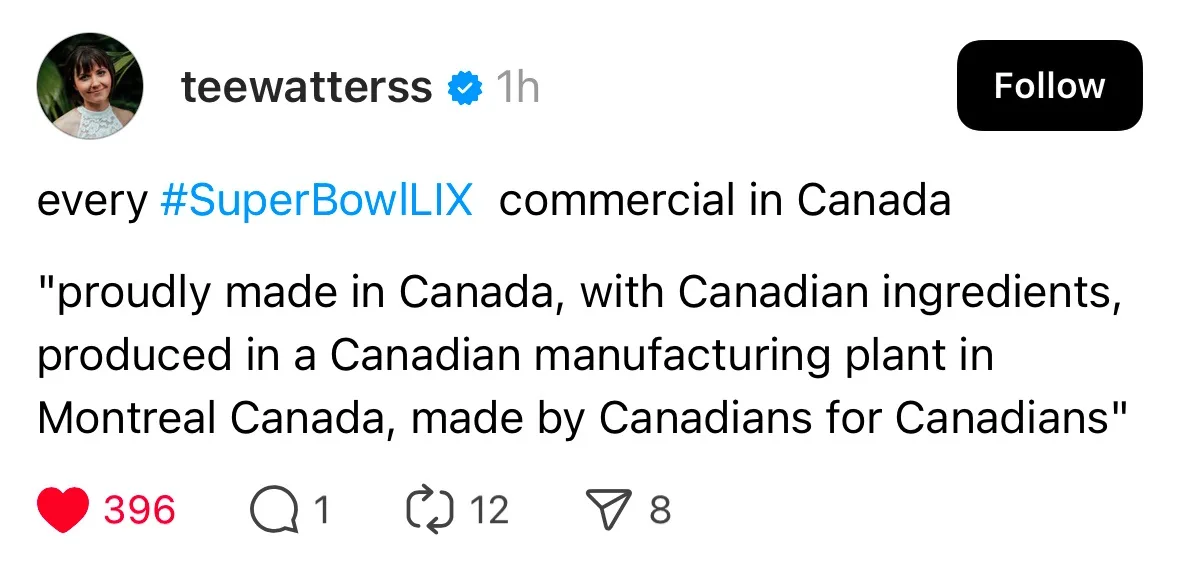 A screenshot of a tweet from user 'teewatterss' shows a humorous observation about Super Bowl commercials in Canada. The…