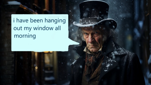 An elderly man with a top hat and coat stands in a snowy, dimly lit alleyway, looking sternly at the camera. A speech bubble…