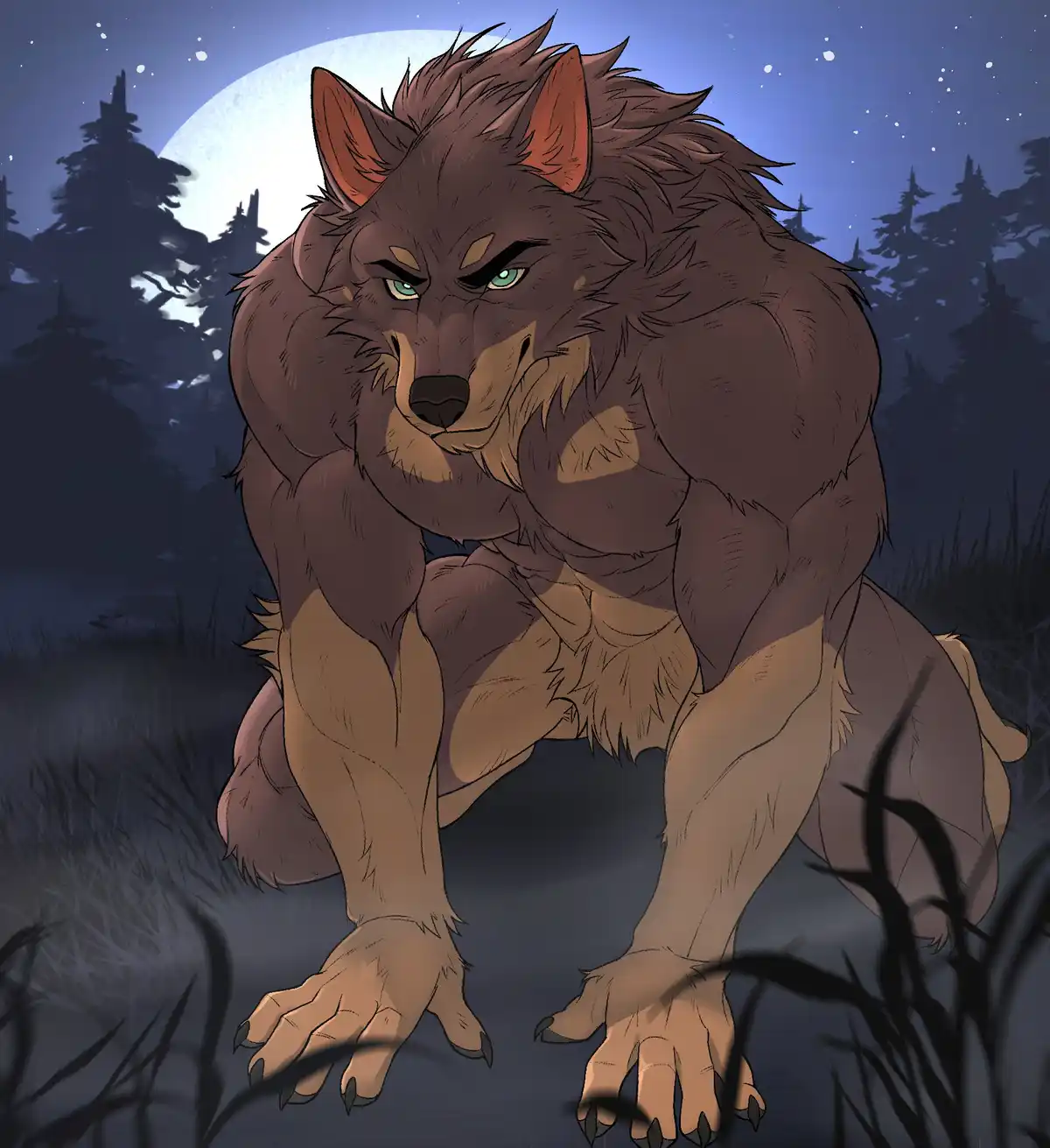 A muscular, anthropomorphic wolf with glowing green eyes and a menacing expression crouches in a forest at night under a…