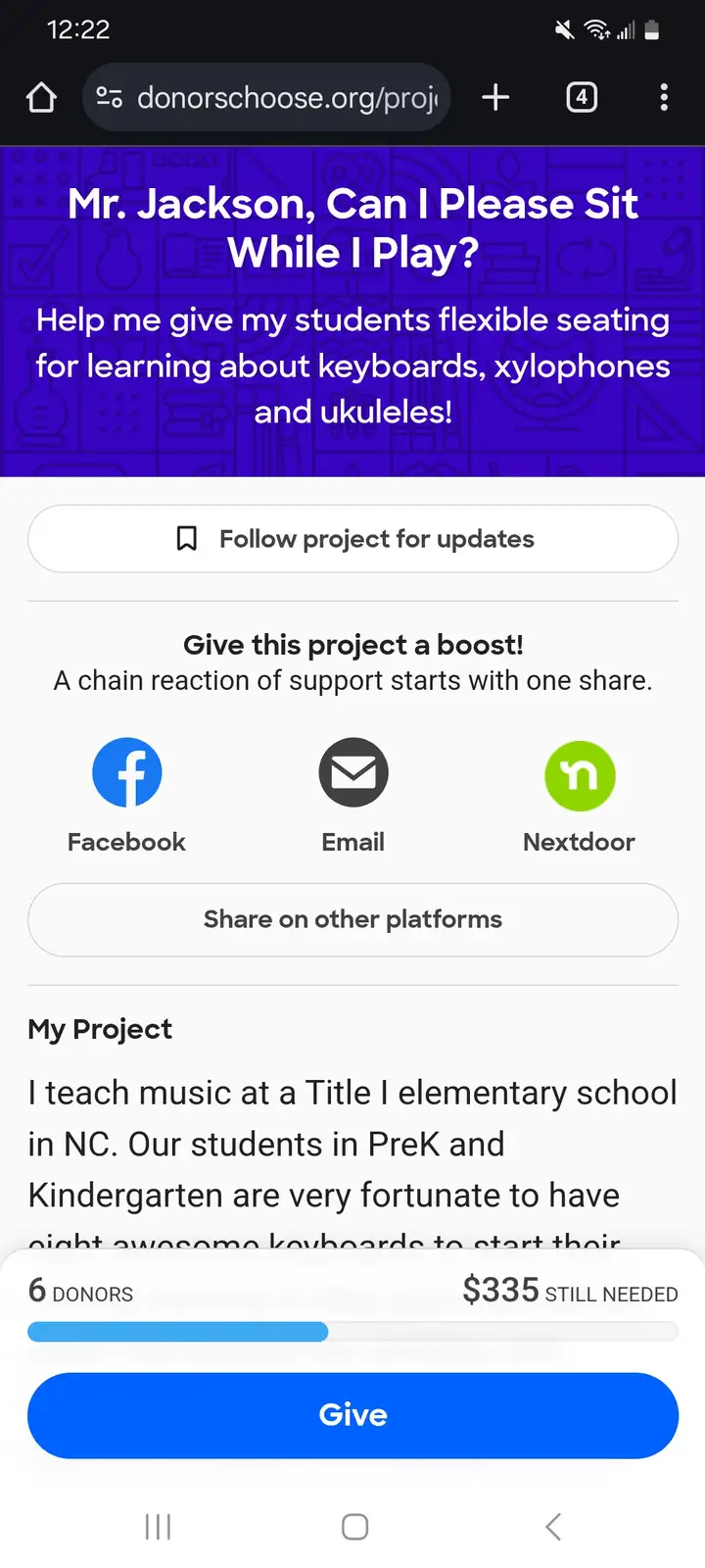 A screenshot of a DonorsChoose.org fundraising page for a music teacher's project, showing a request for flexible seating to…