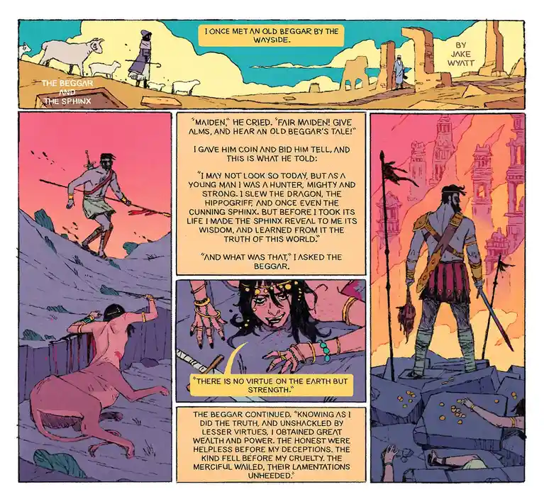 A comic strip titled 'The Beggar and the Sphinx' by Jake Wyatt depicts a beggar recounting his past as a mighty hunter who…