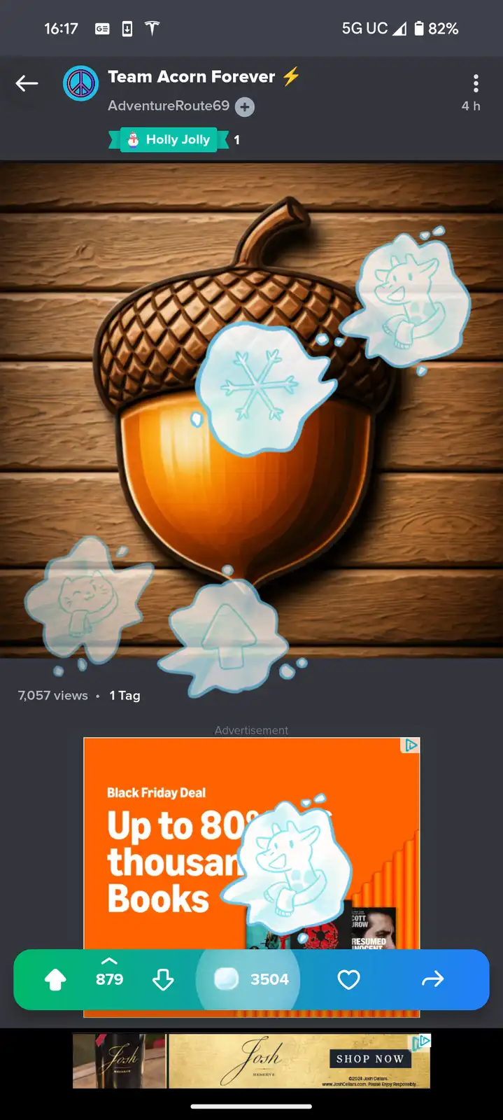 A large, glossy acorn sits on a wooden surface, surrounded by translucent blue splatters containing cartoon icons: a…