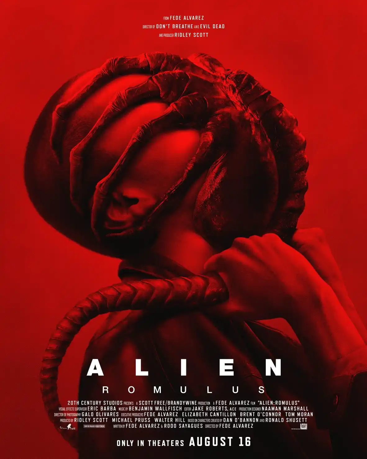 A movie poster for 'Alien: Romulus' shows a human figure with a grotesque alien creature's head emerging from their chest…