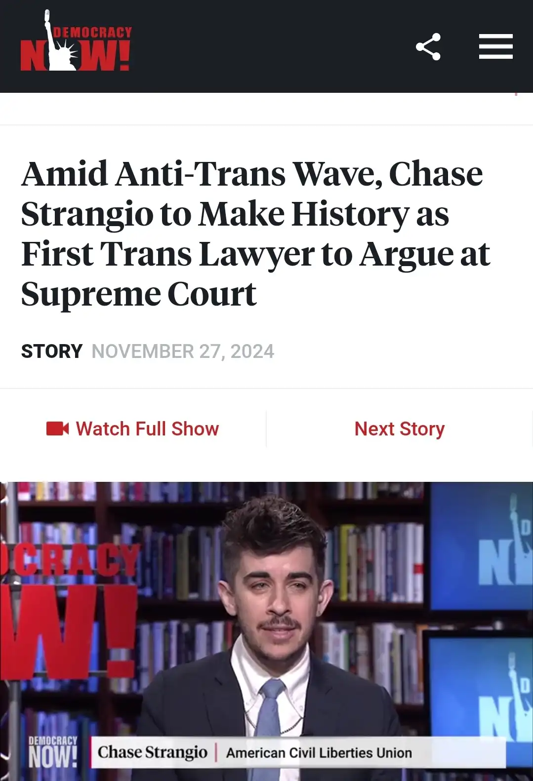 A screenshot of a Democracy Now! news article dated November 27, 2024, featuring Chase Strangio of the American Civil…