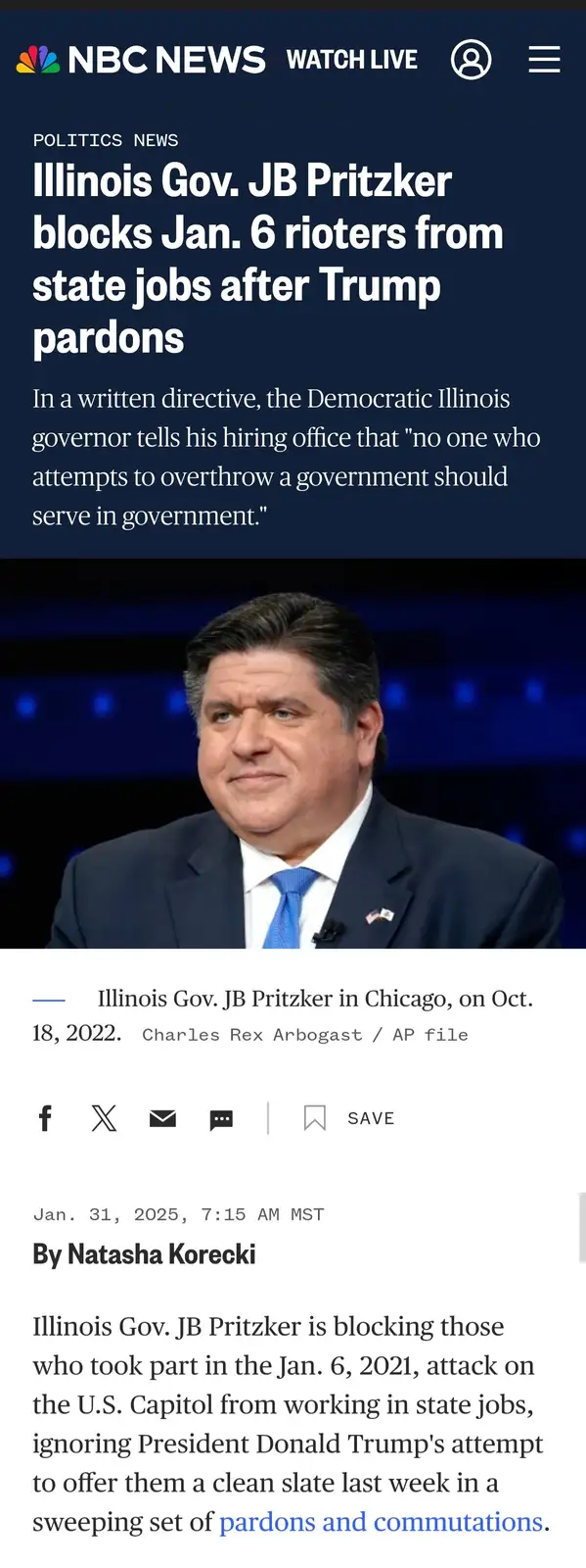 A screenshot of an NBC News article shows a photo of Illinois Governor JB Pritzker with the headline 'Illinois Gov. JB…