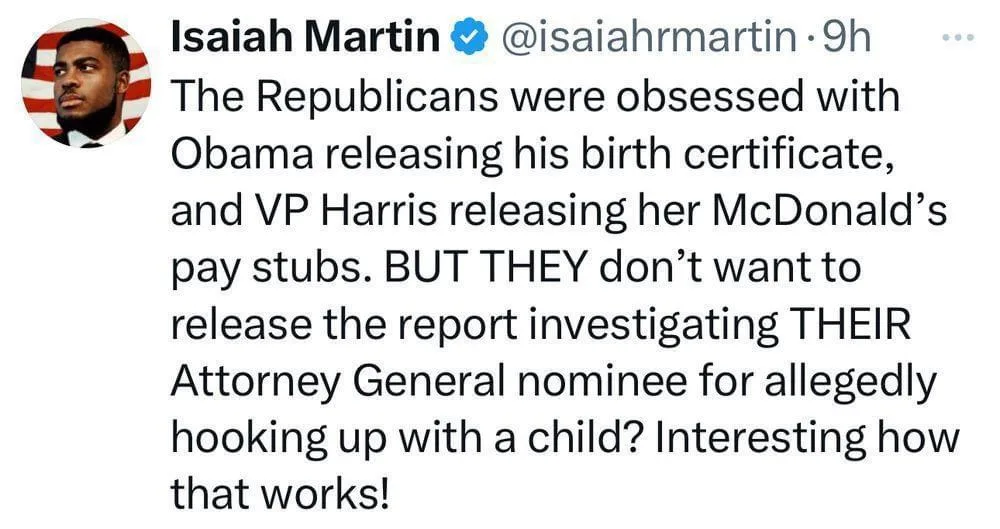 A screenshot of a tweet by Isaiah Martin showing a profile picture of a Black man against an American flag background. The…