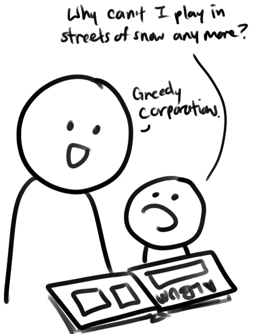 A simple black-and-white stick figure drawing shows a tall figure with an open-mouthed expression asking, 'Why can't I play…